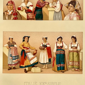 1888 French Antique Chromolithograph Le Costume Historique Print RACINET Italy 19th Century Italian European Historic Fashion Print