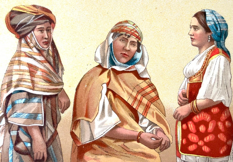 1888 French Antique Chromolithograph Le Costume Historique Print AFRICA AFRICAN Dress Historic Fashion RACINET