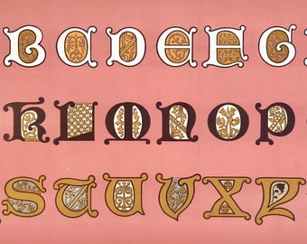 May include: A vintage alphabet chart with decorative letters in gold, white, and black on a pink background. Each letter has a unique design with intricate patterns and flourishes.