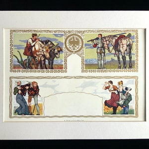 May include: A vintage illustration featuring four scenes depicting various aspects of rural life. The top left scene shows a farmer ploughing a field with a team of oxen. The top right scene shows a knight on horseback. The bottom left scene shows a couple dancing. The bottom right scene shows two women dancing.