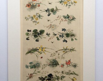 Antique FLOWER SPRAYS Floristry Floral Chromolithograph Bookplate Print Interior Design 1890s Home Decor