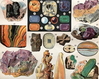 Vintage 1920s French Bookplate Print MINERALS Gems Crystals Illustration Home Decor