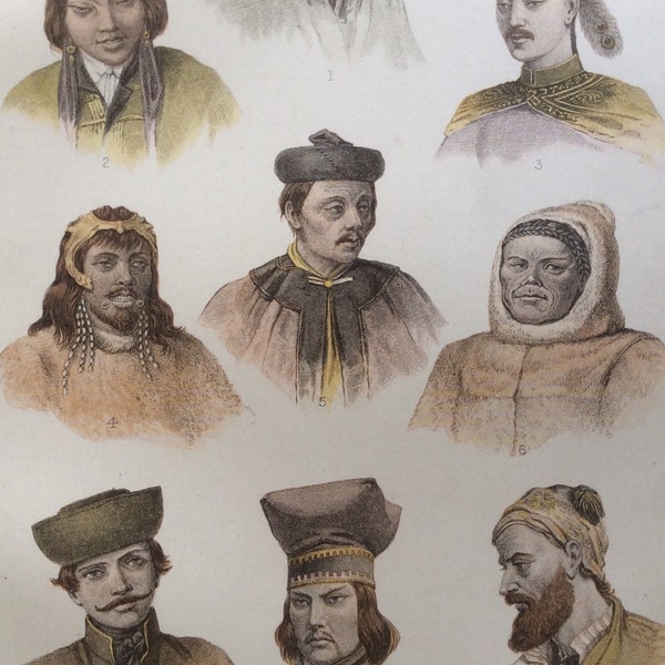 Antique Print 1890 Chromolithograph  ETHNOLOGY Races of Man Victorian Asiatic European Faces
