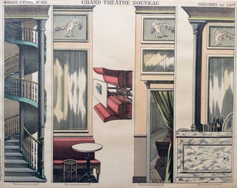 Rare Antique Print French 1896 PELLERIN Toy Paper Theatre IMAGERIE D&#39;EPINAL French Cafe Scenery 1890s