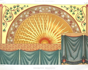 May include: A vintage illustration of a religious design featuring a sunburst with a golden background and a brick wall with blue curtains. The text "DECORATION RELIGIEUSE" is at the bottom of the image.