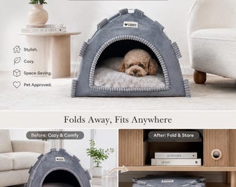 Grey Foldable Cat House Bed for Indoor Cats & Small Dogs - Cozy Pet Tent with Removable Cushion and Breathable Design
