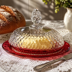 May include: A clear glass butter dish with a diamond-patterned dome lid and a decorative finial handle, resting on a circular red glass plate. The dome covers a block of yellow butter, showcasing a textured, faceted surface design.