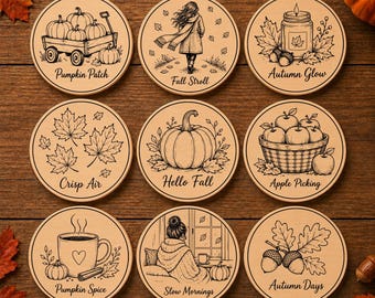 Fall Coaster SVG Bundle, Autumn Laser Engraving Files, Pumpkin Spice Apple Picking Hello Fall, Cozy Season Gift, xTool Glowforge DXF PNG