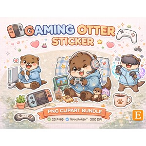 Videogamestickers PNG-bundel, schattig otter-stickerpakket, pixelartstickers, controllersticker, 23 png, transparant, schattig dier, png