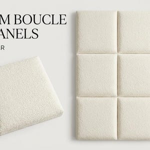 May include: Cream bouclé wall panels, soft and modular, with a textured surface. The image shows a single panel and a set of nine panels arranged in a grid. Text on the image reads "PREMIUM BOUCLE WALL PANELS SOFT & MODULAR."