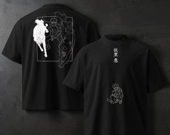 Oversize Anime T-Shirt Black White Line Art, Japanese Streetwear Battle Sorcery, Divine Dogs Design, Gifts for Sorcery Lovers Cotton Premium