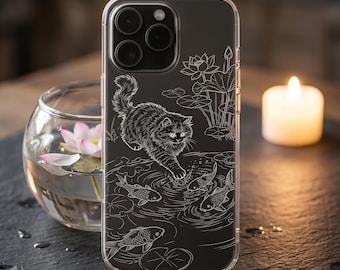 Clear Cat Koi Fish Case | Japanese Pond Line Art | iPhone 11 12 13 14 15 16 17 Pro Max | Samsung Galaxy S21 S22 S23 S24 S25 S26 Plus Ultra