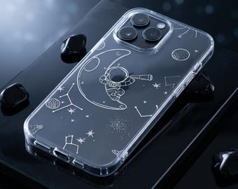 Minimalist Astronaut Moon Line Art Clear Case | iPhone 13 14 15 16 17 Pro Max | Samsung Galaxy S20 S21 S22 S23 S24 S25 S26 Plus Ultra