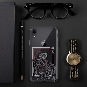 May include: A clear iPhone case with a red and white graphic of an anime character, a gold wristwatch, and black eyeglasses on a dark surface. A black pencil and a black notebook are also present.