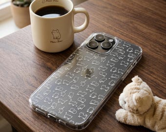 Cute White Line Art Cat Pattern Clear Phone Case | iPhone 13 14 15 16 17 Pro Max | Samsung Galaxy S20 S21 S22 S23 S24 S25 S26 Plus Ultra