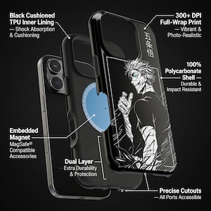 K&ouml;nnte beinhalten: Eine schwarze Handyh&uuml;lle mit einer Grafik einer Anime-Figur mit stacheligen Haaren und japanischem Text. Die H&uuml;lle hat ein zweilagiges Design mit Polycarbonat-Schale, gepolstertem TPU-Innenfutter, eingebettetem Magneten und pr&auml;zisen Aussparungen.