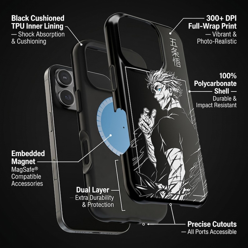 K&ouml;nnte beinhalten: Eine schwarze Handyh&uuml;lle mit einer Grafik einer Anime-Figur mit stacheligen Haaren und japanischem Text. Die H&uuml;lle hat ein zweilagiges Design mit Polycarbonat-Schale, gepolstertem TPU-Innenfutter, eingebettetem Magneten und pr&auml;zisen Aussparungen.