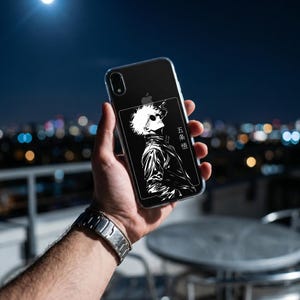 Puede incluir: Funda transparente para teléfono con una ilustración en blanco y negro de un personaje con gafas de sol y el texto "五条悟". El diseño está sobre un fondo negro. La funda del teléfono se sostiene contra un cielo nocturno con luces de la ciudad.