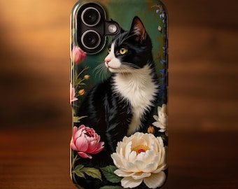 Tuxedo Cat Floral MagSafe Case | Vintage Peony Botanical Art | iPhone 13 14 15 16 17 Pro Max Samsung Galaxy S21 S22 S23 S24 S25 S26 Ultra