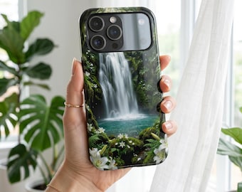 Lush Waterfall MagSafe Case | Forest & White Lilies | iPhone 13 14 15 16 17 Pro Max Air | Samsung Galaxy S21 S22 S23 S24 S25 S26 Plus Ultra