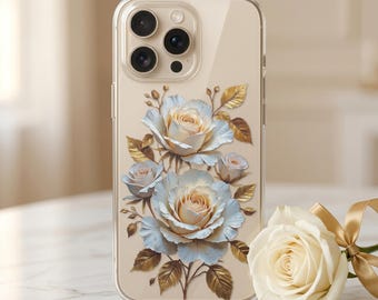 Clear Aesthetic Rose Case | White Blue & Gold Leaf 3D Art | iPhone 13 14 15 16 17 Pro Max Samsung Galaxy S21 S22 S23 S24 S25 S26 Plus Ultra