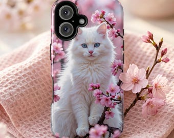 White Cat Cherry Blossom MagSafe Case | Sakura Floral Pet Art | iPhone 13 14 15 16 17 Pro Max Samsung Galaxy S21 S22 S23 24 25 26 Plus Ultra