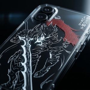 May include: A clear phone case featuring a white line art illustration of a knight in armor holding a large sword. A textured red plume extends from the knight's helmet. The Japanese text reads 君主の騎士 and the English text reads IGRIS.