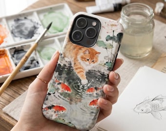 Orange Cat Koi Pond MagSafe Case | Watercolor Ink Lotus Art | iPhone 13 14 15 16 17 Pro Max Samsung Galaxy S21 S22 S23 S24 S25 S6 Plus Ultra