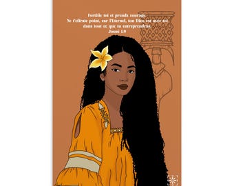 Ilustración de una postal de una mujer con un vestido de popelina - Versículo bíblico