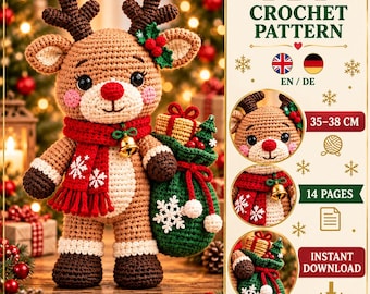 May include: A crochet reindeer toy with brown fur, a red scarf, and a green sack containing gifts. The text reads PDF CROCHET PATTERN, EN/DE, 35-38 CM, 14 PAGES, and INSTANT DOWNLOAD. The reindeer features dark antlers, a red nose, and a gold bell.