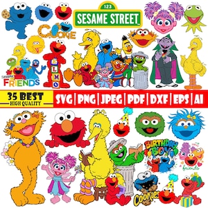 May include: A collection of Sesame Street character graphics, including Elmo, Cookie Monster, Big Bird, and others. The image includes the text "Sesame Street" and "Friends", along with file type options.