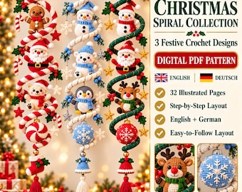 May include: Three vertical crochet spiral ornaments featuring Christmas characters including a gingerbread person, Santa Claus, polar bear, penguin, and reindeer, with hanging baubles, bells, and tassels. Text reads: CHRISTMAS SPIRAL COLLECTION.
