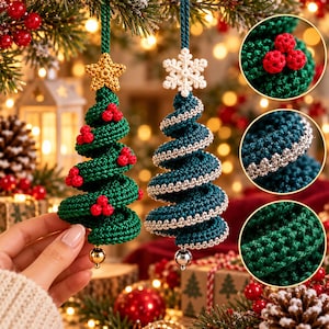 Green crochet spiral tree with red berry clusters and teal spiral tree with silver edging, with close-ups of the berries, metallic edge and stitches