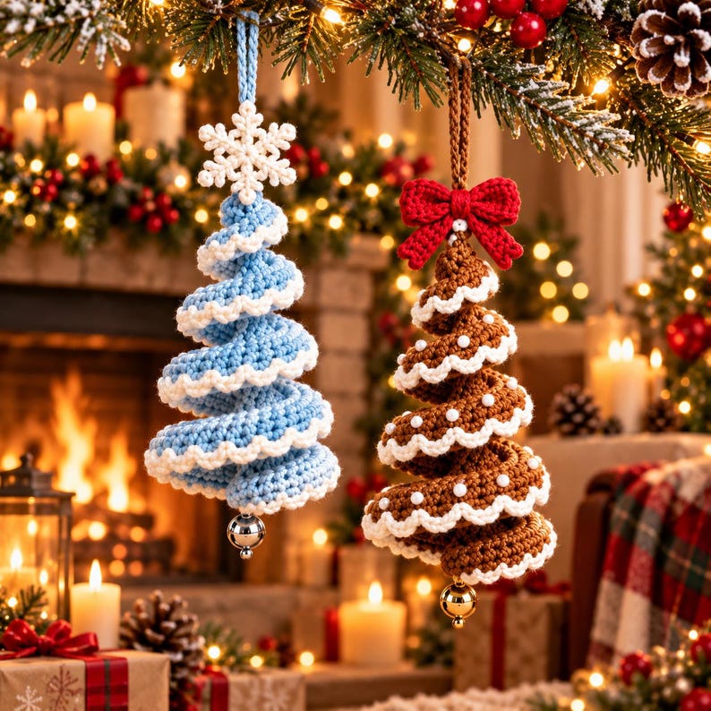 Ice blue crochet spiral tree with snowflake topper and brown gingerbread spiral tree with white icing edge and red bow hanging by a fireplace