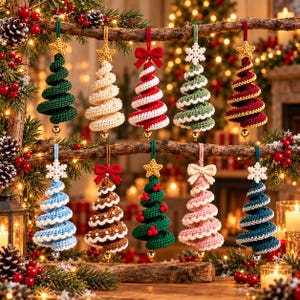 All ten crochet spiral Christmas tree ornaments hanging from two wooden branches with star, bow and snowflake toppers and gold bells