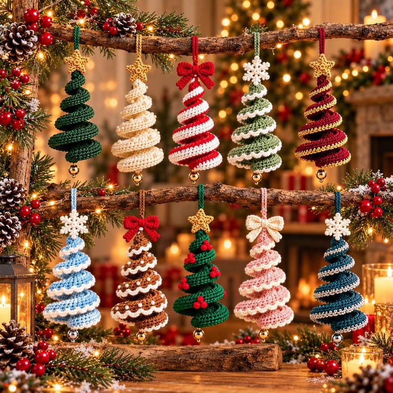 All ten crochet spiral Christmas tree ornaments hanging from two wooden branches with star, bow and snowflake toppers and gold bells