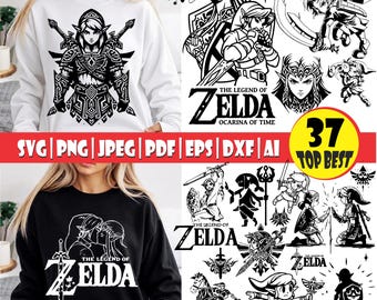 May include: A collection of digital graphic files featuring black and white illustrations of characters and symbols from The Legend of Zelda, including Link and Zelda, displayed on white and black sweatshirts with text labels.