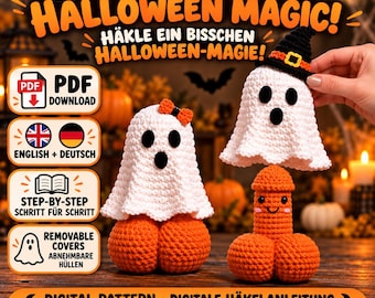 May include: A digital crochet pattern titled CROCHET A LITTLE HALLOWEEN MAGIC! featuring instructions for two phallic-shaped figures with removable white ghost covers. One ghost wears a black witch hat, the other an orange bow. Includes PDF download.