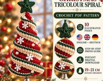 May include: A crochet PDF pattern for a Christmas tricolour spiral hanging ornament. The design features a red, green, and cream spiral tree topped with a green star, white snowflake accents, and small pearls, ending with a silver bell.