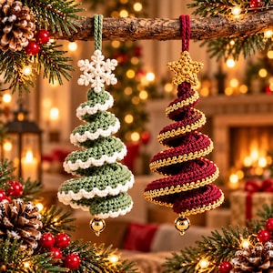 Sage green crochet spiral tree with white scalloped edge and snowflake topper beside a burgundy spiral tree with gold edging and gold star