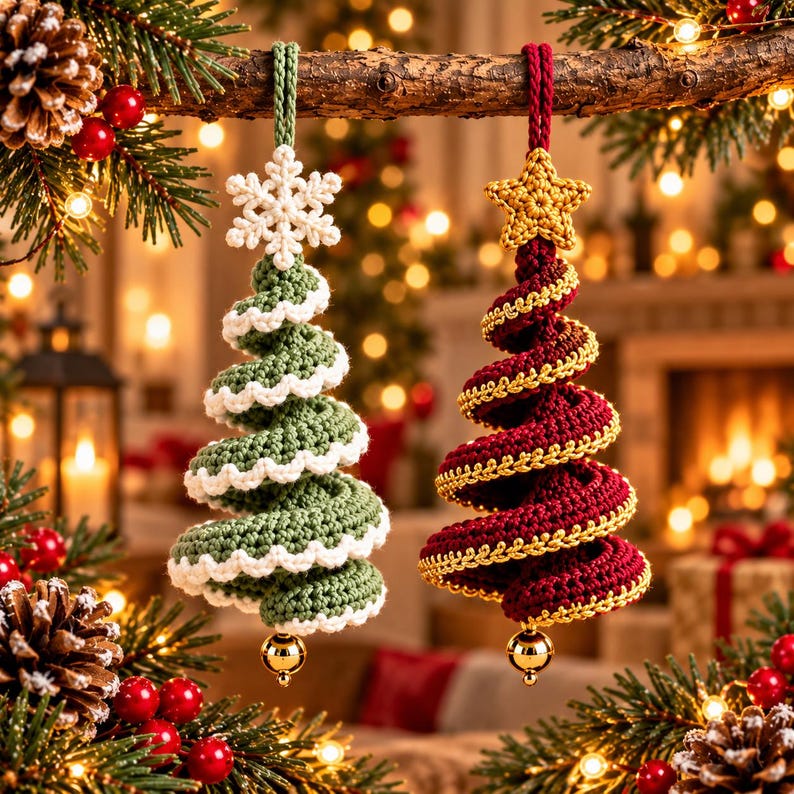 Sage green crochet spiral tree with white scalloped edge and snowflake topper beside a burgundy spiral tree with gold edging and gold star