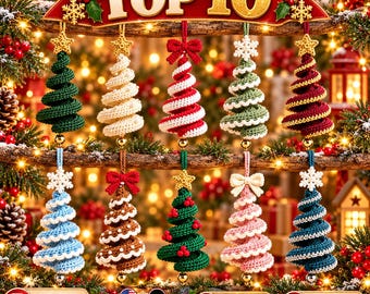 Häkelanleitung für spiralförmigen Weihnachtsbaumschmuck, 10 Designs zum Aufhängen, einfache Weihnachtsdeko für Anfänger, PDF-Download in Englisch und Deutsch