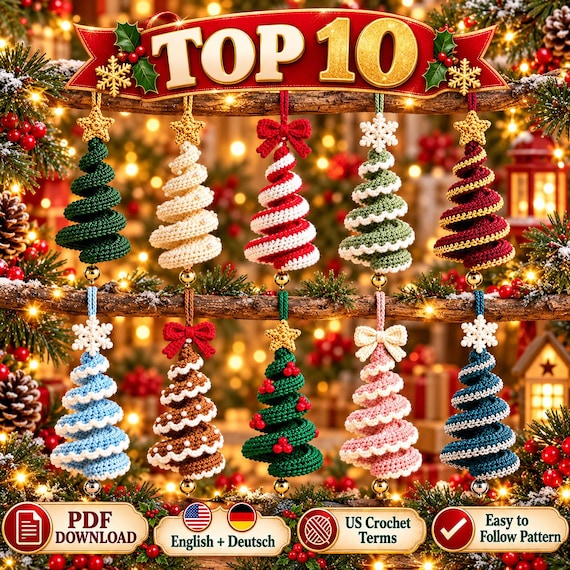 Crochet Christmas Spiral Tree Ornament Pattern, 10 Hanging Tree Designs Bundle, Easy Beginner Xmas Decor, English and German PDF Download