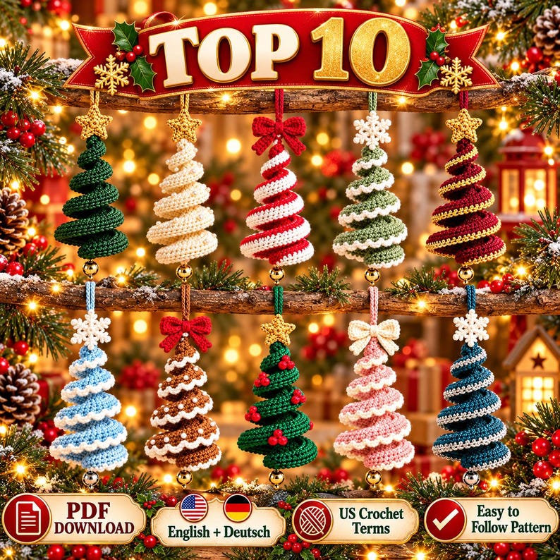 Top 10 crochet Christmas spiral tree ornaments hanging in two rows on rustic branches, PDF download in English and German with US crochet terms
