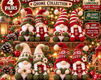 May include: A collection of eight crocheted gnome figures arranged in four pairs, featuring red, green, and white yarn with festive patterns, holding small items like hearts and trees, with text overlays reading Amazing Crochet Gnome Collection.