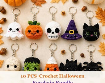 May include: A set of ten crochet Halloween keychains featuring a white ghost, orange pumpkin, white skull, purple witch hat, black cat, white mummy, green monster, orange candy corn, black bat, and black spider, each with a metal ring.