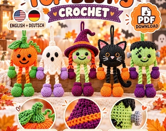 May include: A digital PDF download featuring crochet patterns for five Halloween-themed ornaments: an orange pumpkin, a white ghost, a green witch with a purple hat, a black cat, and a green monster. The text reads TOP BEST 5 CROCHET.