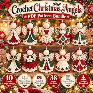 May include: A digital PDF pattern bundle titled Crochet Christmas Angels featuring ten unique crocheted angel ornaments in red, green, and cream colors. The image displays ten distinct angel designs with halos, wings, and festive details.