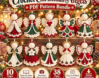 May include: A digital PDF pattern bundle titled Crochet Christmas Angels featuring ten unique crocheted angel ornaments in red, green, and cream colours. The image displays ten distinct angel designs with halos, wings, and festive details.