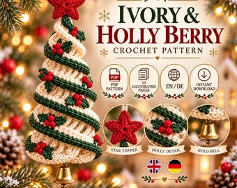 May include: A crochet pattern titled IVORY & HOLLY BERRY featuring a spiral ivory and green tree ornament with a red star topper, holly berries, and a gold bell. Includes icons for PDF, 10 illustrated pages, EN/DE languages, and instant download.